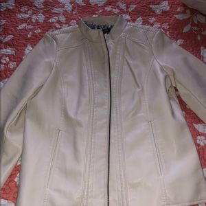white leather jacket with blue & white inside